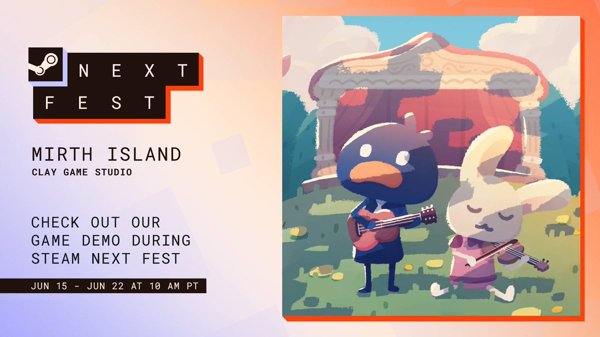 MirthIslandGame's tweet photo. The long-awaited event is here!

Mirth Island will be part of @Steam Next Fest on June 15th.
- A wholesome adventure
- A heartwarming story
- Cozy rhythm gameplay
- A bunch of 1000% guaranteed cute characters

Play our demo and send us your feedback! ^^  

https://t.co/ahJDSi3z0P https://t.co/dFSrv527AQ