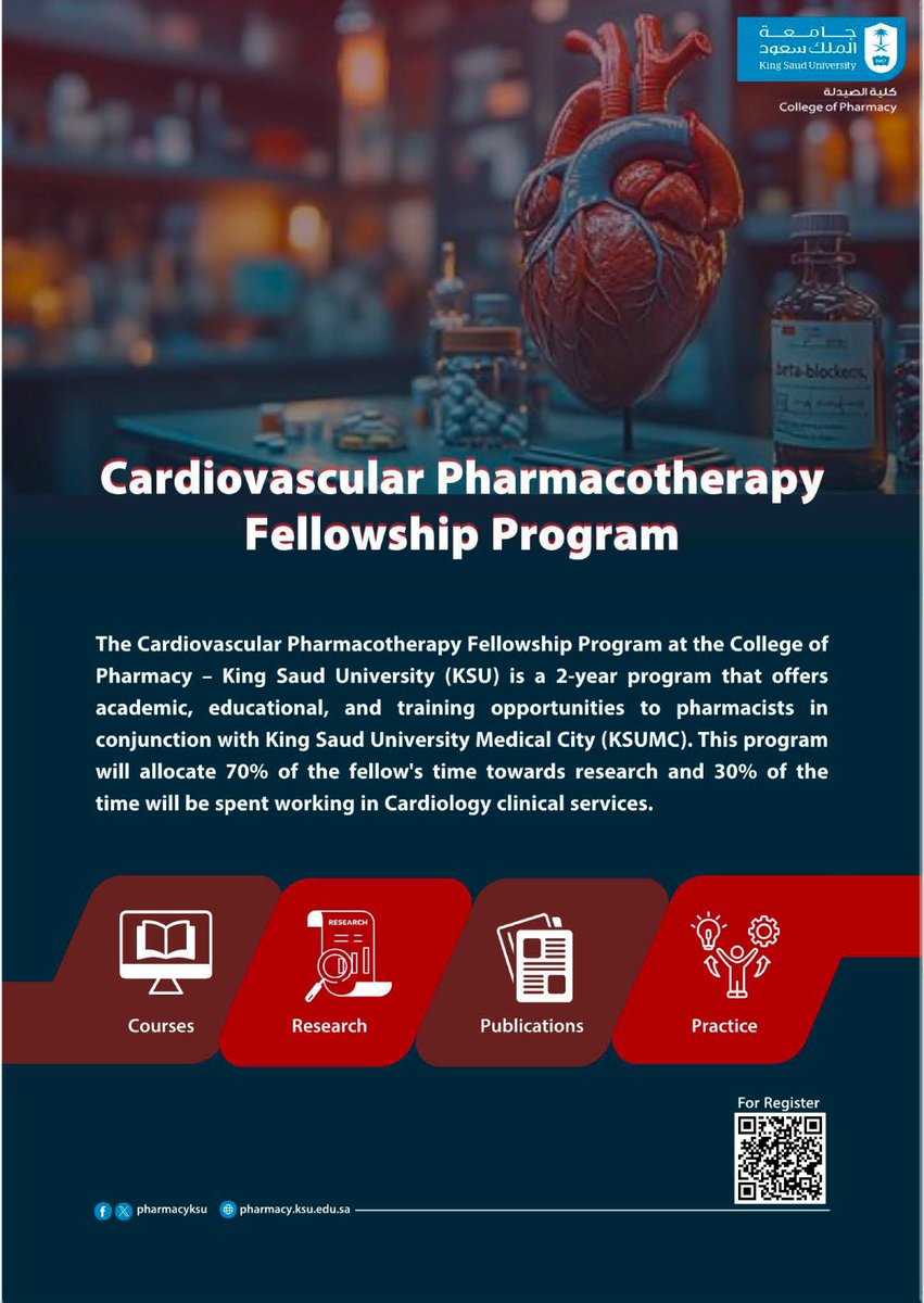 pharmacyksu's tweet photo. 📢 فتح باب التقديم للدفعة الثالثة من برامج الزمالة في الصيدلة بكلية الصيدلة بجامعة الملك سعود للعام 2026-2027م، في 9 مسارات تخصصية متميزة.

🔗 التقديم:
https://t.co/1SVTsCjWCg

📖 كتيب البرامج:
https://t.co/EtTz3yFR0c https://t.co/VMIZpy7mef