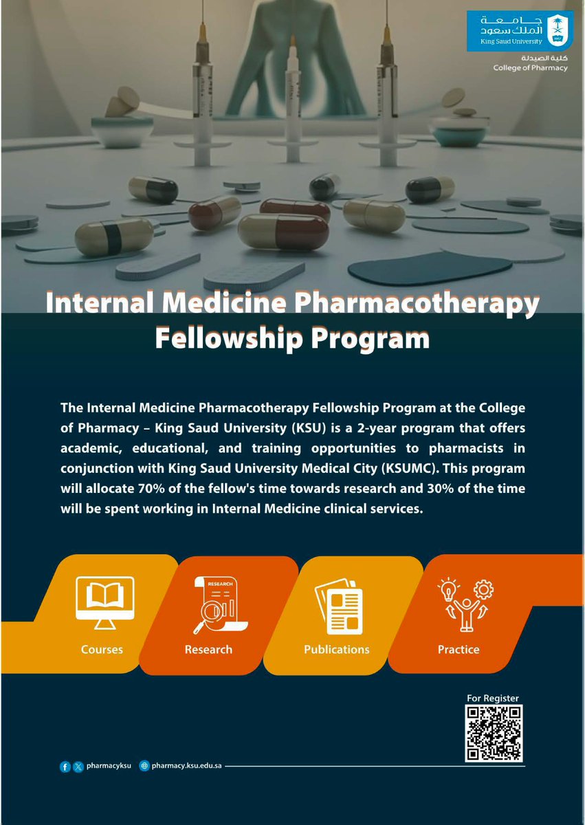 pharmacyksu's tweet photo. 📢 فتح باب التقديم للدفعة الثالثة من برامج الزمالة في الصيدلة بكلية الصيدلة بجامعة الملك سعود للعام 2026-2027م، في 9 مسارات تخصصية متميزة.

🔗 التقديم:
https://t.co/1SVTsCjWCg

📖 كتيب البرامج:
https://t.co/EtTz3yFR0c https://t.co/VMIZpy7mef