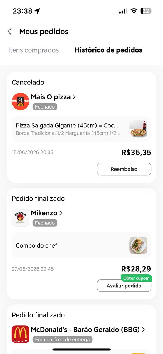 matchoso's tweet photo. Cheio de fome fiz um pedido no @voude99 as 20:35, 3 horas depois, depois de aumentarem a previsão de entrega várias vezes o pedido é cancelado do nada👏🏻👏🏻 https://t.co/iMKdS2AWzU