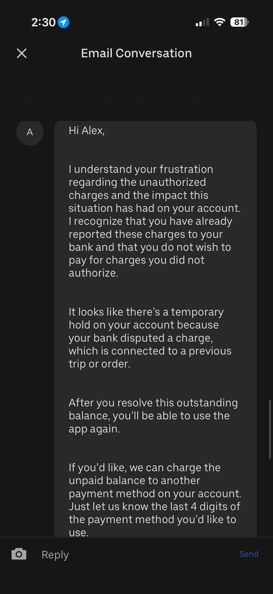 c2hubz's tweet photo. @Uber @Uber_Support customer service actually does not care about fraud at all. If you ever get an unrecognized charge on your credit card and dispute it with your bank, they force you to pay for the transactions yourself and lock you out of your account if you don’t. https://t.co/aYKAyujNPx