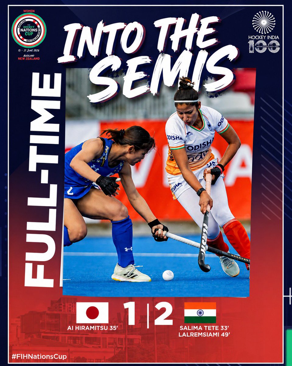 TheHockeyIndia's tweet photo. 𝐒𝐄𝐌𝐈-𝐅𝐈𝐍𝐀𝐋𝐒, 𝐇𝐄𝐑𝐄 𝐖𝐄 𝐂𝐎𝐌𝐄! 🇮🇳🔥

The Women in Blue claim all three points against Japan, thanks to goals from Salima Tete and Lalremsiami, at the FIH Hockey Women's Nations Cup 2026 in Auckland, New Zealand. 🇳🇿🏑

With six points from two wins in two matches, the Indian Team books its place in the semi-finals.

𝐓𝐰𝐨 𝐬𝐭𝐞𝐩𝐬 𝐚𝐰𝐚𝐲 𝐟𝐫𝐨𝐦 🏆💙

#HockeyIndia #IndiaKaGame #FIHNationsCup