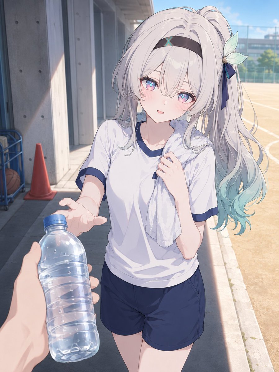 23AIart's tweet photo. 『あ、冷たいお水……ありがとう、助かるよ。ふぅ……今日は少し暑かったね。これ飲んだら着替えてくるから、お弁当、少しだけ待ってて』

午前最後の体育の授業終わり。グラウンドの日陰で休んでいるホタルちゃんに、冷たいお水を差し入れたワンシーンです。

いつもは下ろしている髪をポニーテールにまとめていて、少し赤らんだ顔で息をつく姿に、初夏の本格的な訪れを感じますね。

火曜日のお昼休み。
彼女が着替えて戻ってくるのを待ちながら、朝から準備してくれていたお弁当の時間をのんびりと楽しみにすることにします。