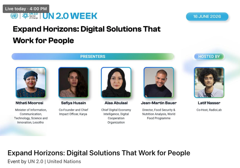 UNGlobalPulseUG's tweet photo. 🚨 Happening TODAY!

Be part of the conversation and discover what it takes to create digital solutions that truly work for everyone.

Join the @UN  2.0 Week session today 👇https://t.co/5fxM7nu6Tk
Expand Horizons:  Digital Solutions That Work for People

We believe digital transformation is most effective when it is human-centered, data-informed, inclusive, and grounded in the realities of the communities it serves. 
From harnessing data and behavioral insights to testing innovative approaches, our work focuses on ensuring technology delivers tangible benefits for people.

#UN20Week #DigitalTransformation #Innovation