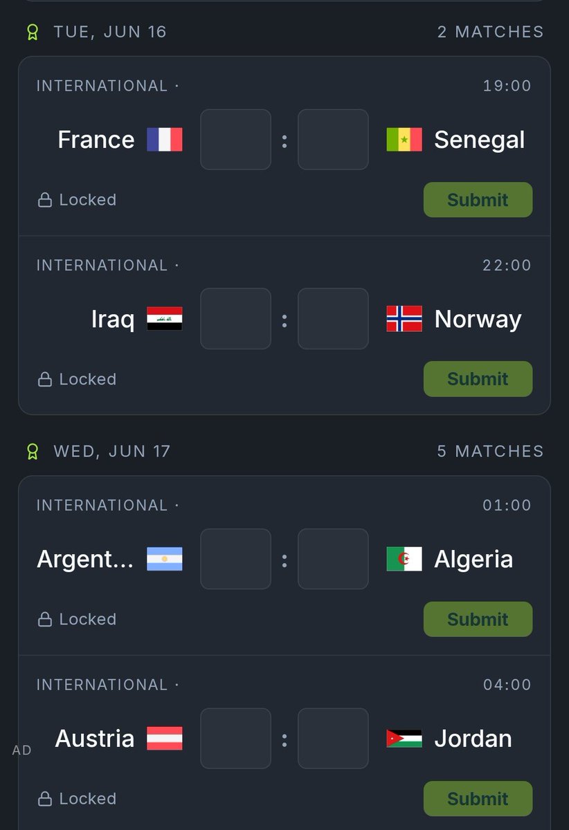 AbrahamOkah2's tweet photo. Today's games are going to be amazing 👏 

We have:
France vs Senegal
Iraq vs Norway 
Argentina vs Algeria 
Austria vs Jordan

If you can predict at least one of these matches, you can win at least $500

You can predict them here: https://t.co/Fbw5UAaBSK https://t.co/Y8qO0hH5OJ