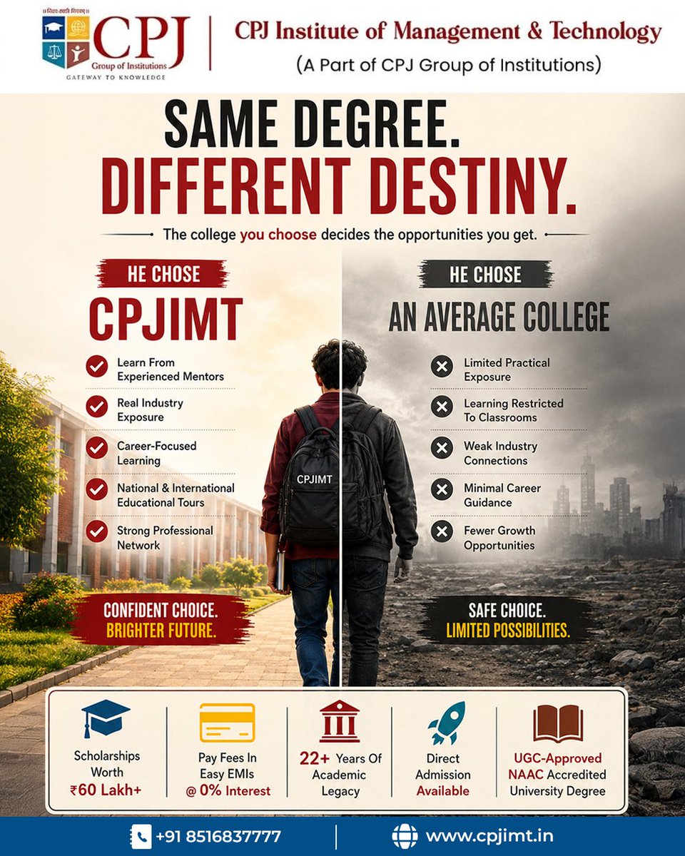 cpjimt's tweet photo. Same Degree. Different Destiny.

The college you choose shapes the opportunities you receive. At CPJIMT, gain industry exposure, learn from experienced mentors, build valuable professional networks, and prepare for a successful career.

#CPJIMT #AdmissionsOpen #FutureReady https://t.co/DLRHOVPfbw