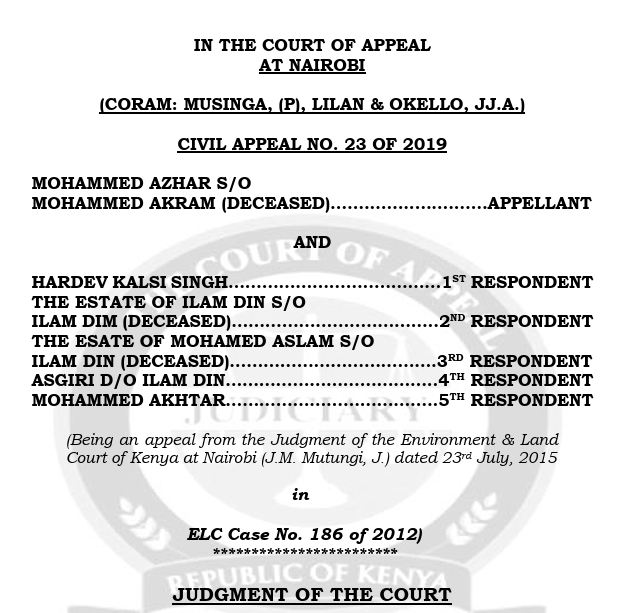 KJA_Kenya's tweet photo. ⚖️ The Bench Speaks 📜

The Court of Appeal has stated that demanding rent or filing a rent tribunal case won't stop adverse possession. To interrupt the 12-year clock, you must either physically re-enter the land or file a suit for possession—not just rent. Letters alone won't save your title.
CIVIL APPEAL NO. 23 OF 2019 MOHAMMED AZHAR S/O MOHAMMED AKRAM (DECEASED) Vs HARDEV KALSI SINGH and 4 others.

https://t.co/8dXISqx0w6

@Kenyajudiciary @jsckenya @KMJA_KENYA
@lawsocietykenya @NCAJ_KE