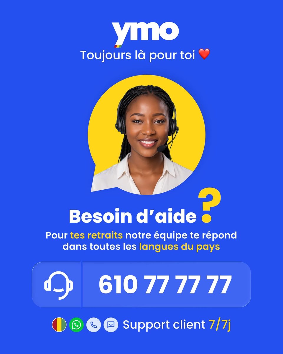 YmoGuinee's tweet photo. 🧑🏽‍💻 Besoin d’un coup de main ?

Tu veux trouver un point de retrait ? Notre équipe est disponible 7j/7 pour t’orienter 🤝

Et bonne nouvelle : on parle toutes les langues du pays 🇬🇳

Tu peux nous contacter facilement via :

✅ WhatsApp

�� Chat en ligne

✅ Numéro du support

YMO https://t.co/6R8P4vXf44
