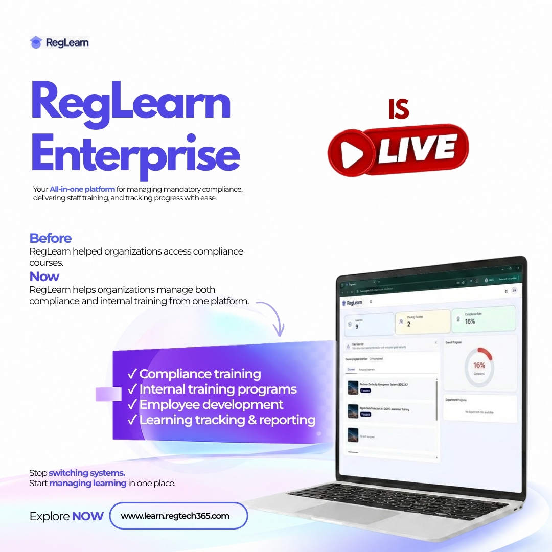 RegTech365's tweet photo. RegLearn Enterprise is officially live 🚀

What started as a compliance-learning platform has evolved into a complete training management solution for modern organizations.

Now, institutions can manage compliance training, internal learning programs, employee development, and... https://t.co/dOTqVXNzKc