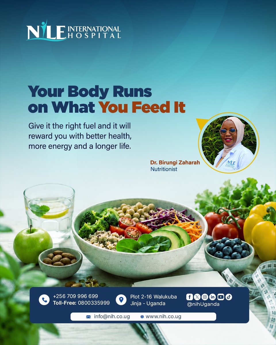 nihUganda's tweet photo. Your body runs on what you feed it. 🥗💙
Give it the right fuel, and it rewards you with better health, more energy, and a longer life.

Not sure where to start? Dr. Birungi Zaharah, our Nutritionist at Nile International Hospital, is here to help you figure out exactly what your body needs.
Book a consultation today. 

📞 +256 709 996 699 📞 Toll Free 0800 335 999
#NileInternationalHospital #NutritionClinic