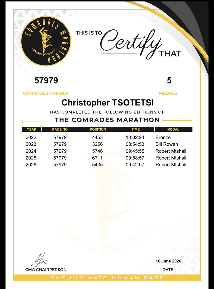 ChrisTsotetsi88's tweet photo. My Comrades Marathon 2026 ✅👍🏽

#ComradesMarathon2026 
#FetchYourBody2026
#RunningWithTumiSole https://t.co/doSudcs2B3