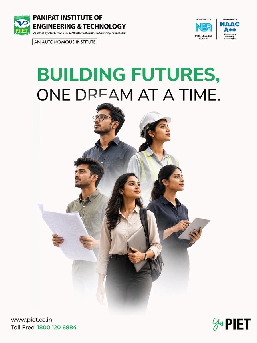 PIETPanipat's tweet photo. Every dream starts with a vision. At PIET, we empower future engineers, innovators, and leaders with the knowledge, skills, and opportunities to turn ambitions into achievements.

Build your future with an institution that believes in your potential—one dream at a time. https://t.co/uDzBIPUF9a