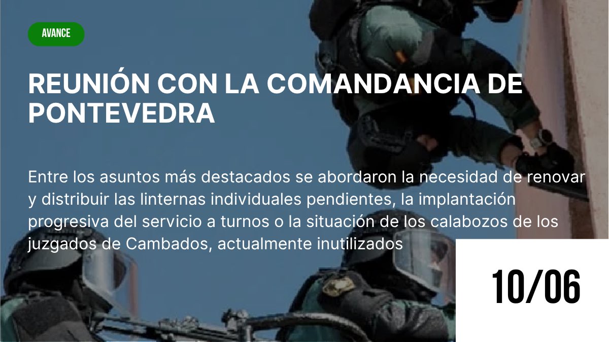 JucilInforma's tweet photo. 🟢 𝙅𝙐𝘾𝙄𝙇 #Pontevedra

⚠️ Los problemas de la @guardiacivil en Pontevedra no se solucionan con promesas. Desde JUCIL exigimos hechos y respuestas inmediatas ⚠️ 

Para más ℹ️ pincha aquí ⤵️

https://t.co/TsNsMQ6h8J

La falta de material esencial, el retraso en la implantación real del servicio a turnos y el abandono de infraestructuras como los calabozos de Cambados son situaciones inadmisibles que afectan tanto a los agentes como al servicio que reciben los ciudadanos.

No aceptamos más demoras ni excusas. La @guardiacivil necesita medios, instalaciones seguras y una planificación acorde a las exigencias del trabajo que desempeñan cada día.

#EquiparacionYa
#Jucil_TeProtege
#Jucil_TeDefiende