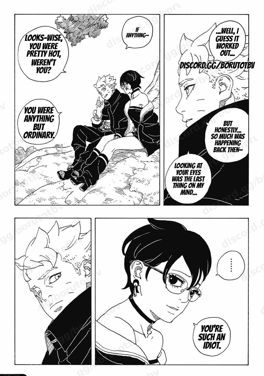 borushiki2025's tweet photo. Boruto just called Sarada hot????? 🔥😭.Damn he is bolder than i thought 

Also I love that he treats Sarada as his equal in fighting stating she is extraordinary. 

#Borusara https://t.co/1bfHQSMVd8