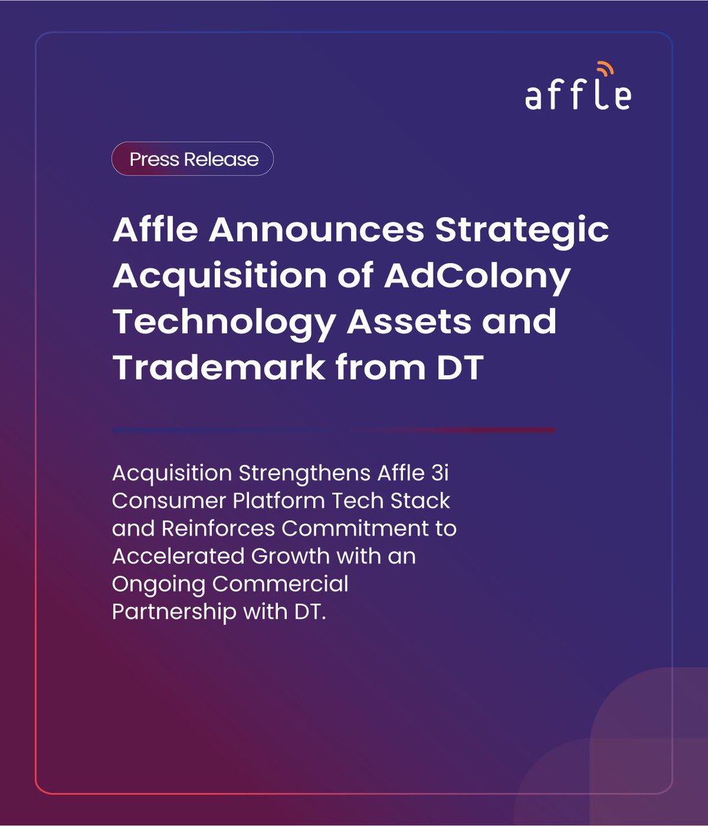 affle's tweet photo. We are pleased to announce a major milestone in our 10X growth journey with strategic acquisition of @AdColony’s technology assets &amp; trademark from DT.
Read more: https://t.co/mmG5ZxPnpn https://t.co/QmGJTfAjTX