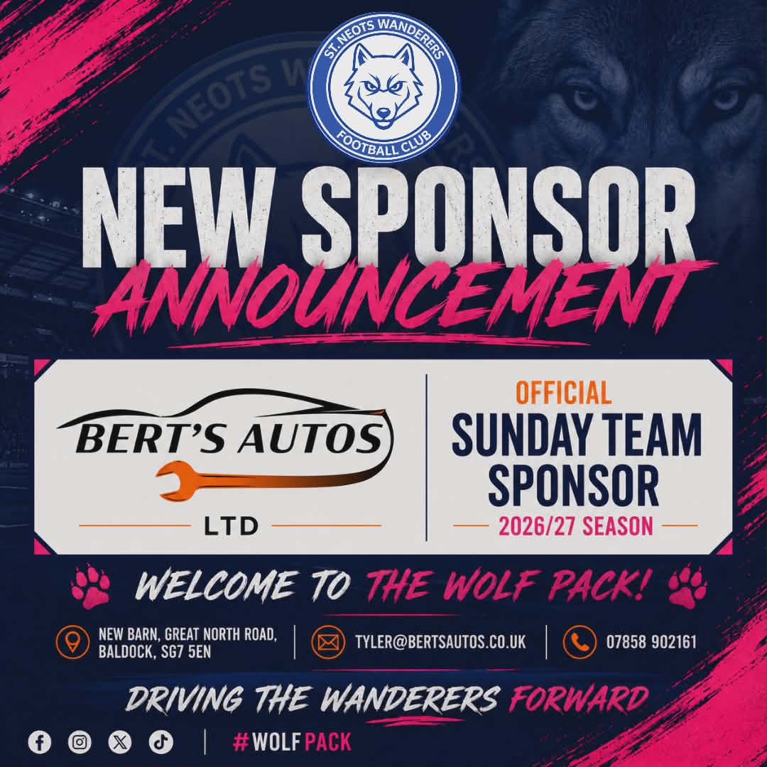 SN_WanderersFC's tweet photo. 🤝 SPONSOR ANNOUNCEMENT 🤝

We're delighted to welcome Bert's Autos Ltd as the Official Sponsor of our Sunday Team for the 2026/27 season! 🐺

A huge thank you to everyone at Bert's Autos for their support.

🚗 Bert's Autos Ltd 📍 Baldock 📧 Tyler@bertsautos.co.uk https://t.co/bdcocZFcu7
