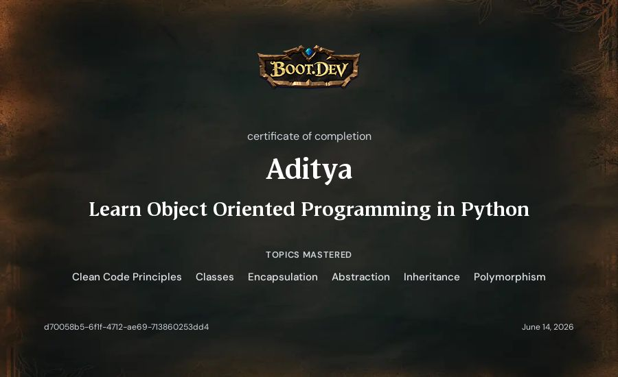 Tema_roon's tweet photo. I just completed the Learn Object Oriented Programming in Python course on @bootdotdev! Check out my certificate here: https://t.co/qOq0sSMAZG https://t.co/CV4rOE3cqF