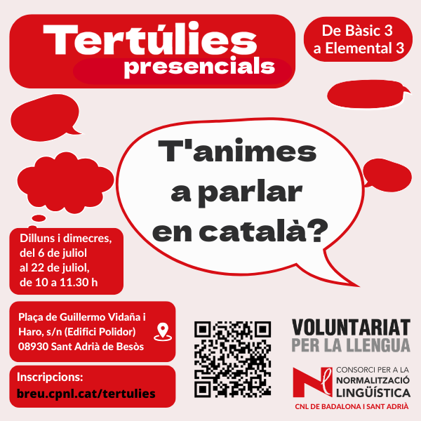 cnlbdnsab's tweet photo. 🗣️Vols tenir més seguretat i fluïdesa quan parles en català? Apunta't a les Tertúlies!

🗓️Dilluns i dimecres, de 10 a 11.30 h, del 6 al 22 de juliol
📍@PolidorSAB 

🔗https://t.co/cIAm9jSVMh https://t.co/WhAEMQf2CH