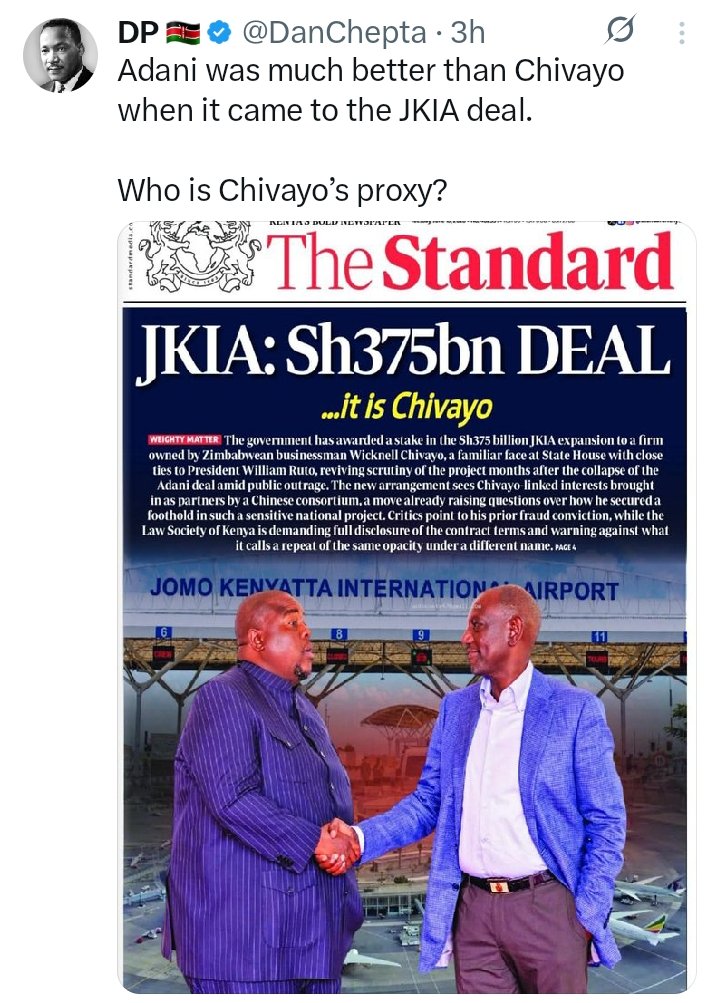 GAgenuine's tweet photo. @Kenyans Can't a Kenyan like Passaris do this 375 billion contract to upgrade JKIA? Why do Kenyans lack vision except paying for the jet fuel? What technology is in Zimbabwe?? https://t.co/xGTwHUnuDe