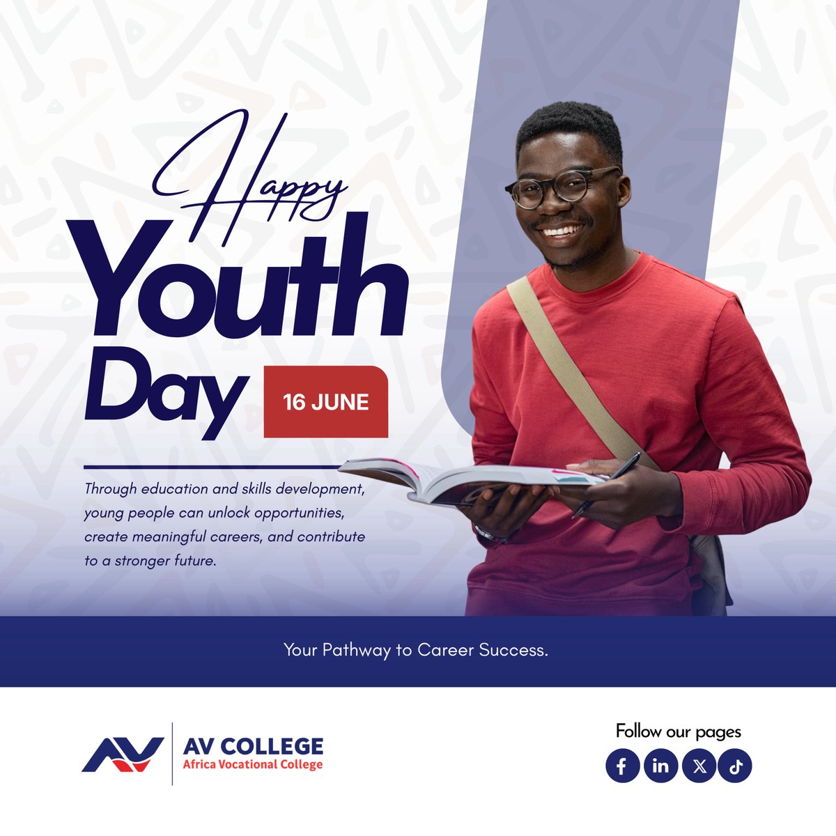 _AVCOLLEGE's tweet photo. 🇿🇦 𝐇𝐚𝐩𝐩𝐲 𝐘𝐨𝐮𝐭𝐡 𝐃𝐚𝐲!

Through education , young people can unlock opportunities, build meaningful careers, and contribute to a stronger future. Today, we celebrate the potential, ambition, and achievements of South Africa's youth.

#YouthDay2026 https://t.co/pd8IP9vV1J