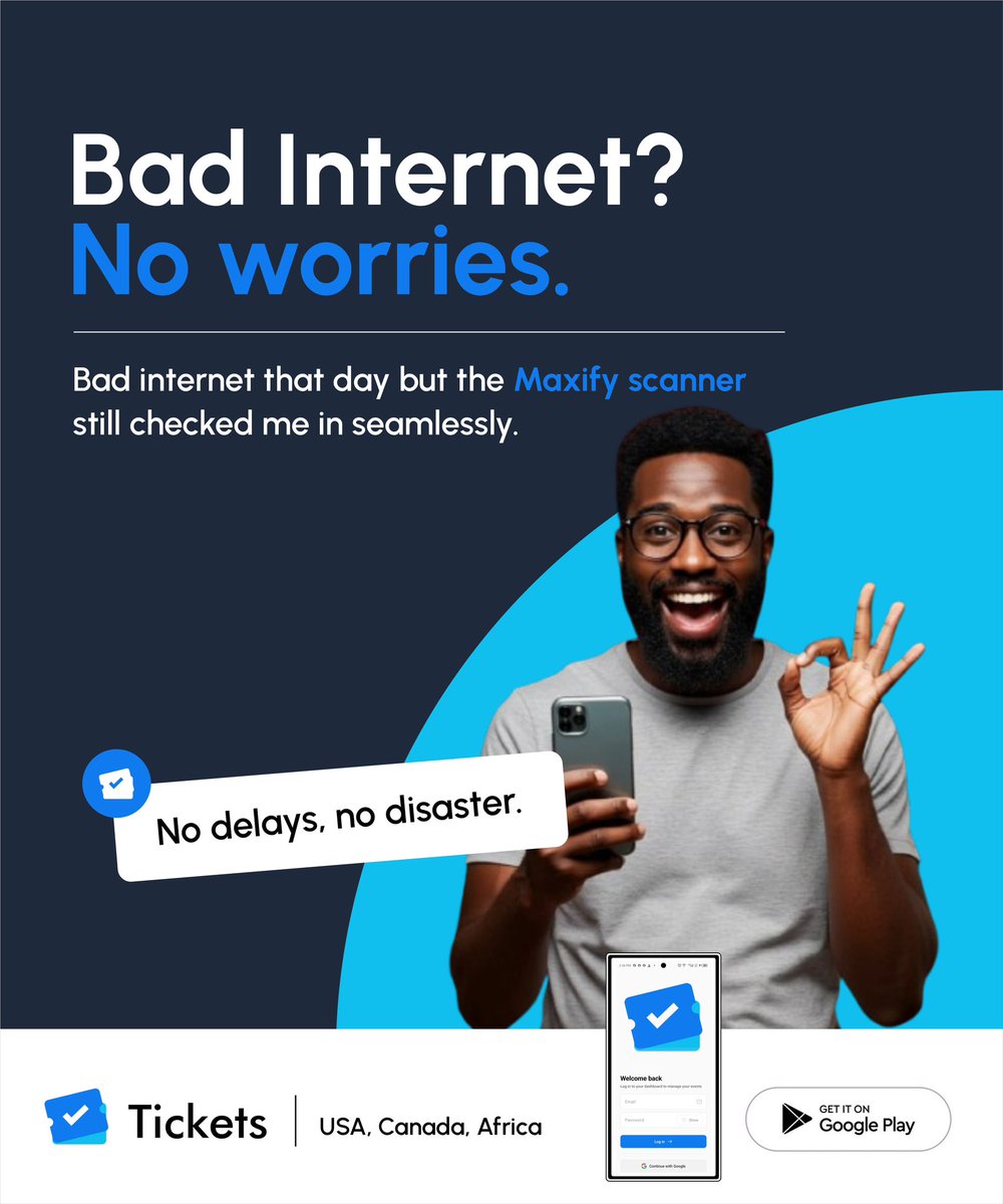 MaxifyTickets's tweet photo. Bad internet that day? No worries. 
The Maxify scanner still checked you in seamlessly no delays, no disaster.
Because your experience shouldn’t depend on the network.

Sign up on https://t.co/zYSafcnPNk and get ready for an effortless experience. 

#MaxifyTickets #EventData https://t.co/ybhqhfr2Wr