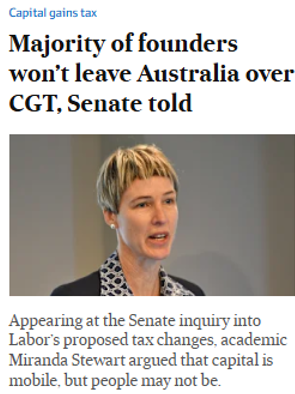 MarkoMatvikov's tweet photo. Miranda Stewart’s career is limited to working for the University of Melbourne and the Australian Taxation Office.

She’s never run a startup, raised venture capital or had to risk her own money to pay a workforce.

Miranda claims “founders won’t leave” despite evidence to the contrary:

• California just recorded $1.5t of capital loss as wealthy founders anticipated the introduction of a wealth tax – forcing the government to cancel its plans for it

• Norway lost $84b in private assets after the introduction of a wealth tax – the government expected it to raise over $200m per year, instead losing over $900m per year

• The United Kingdom hiked its capital gains tax on shares by 4% - resulting in capital gains tax revenue plummeting from $33b in 2023 to $26b by 2025

When countries treat founders, investors and builders as tax cattle, many do leave – you’re talking about the most ambitious and action-oriented people in society.

Not all, not always, and not just because of tax.

But when social cohesion is fraying, the system feels unfair and government isn’t holding up its end of the bargain, punitive taxes are just another reason to consider your options. 

So as our country continues to get poorer because people like Albo and Chalmers sit in echo chambers filled with people like Miranda – remember who to blame.

If you’re still here.