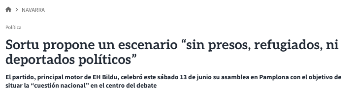 CovitePV's tweet photo. No son “presos políticos”, @sortuEH. 

Son miembros de ETA condenados por delitos gravísimos de terrorismo y están presos cumpliendo la pena que les corresponde por sus actos criminales.

Llamarlos “presos, refugiados y deportados políticos” es una manipulación del lenguaje: legitima sus crímenes y borra a sus víctimas.

NO están presos por sus ideas políticas. Lo están por sus gravísimos crímenes. Sin reconocer esta cuestión moral básica, pasar página del terrorismo de ETA es imposible.

https://t.co/Gbwviv4gdU