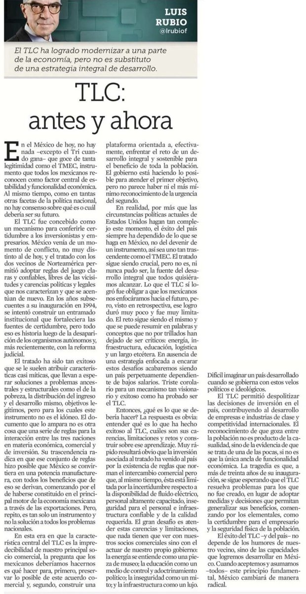 EdnaJaime's tweet photo. Al T-MEC se le juzga por no resolver los problemas estructurales de México, aunque ese jamás fue su propósito. Cuando aceptemos que el éxito del tratado viene de las capacidades que logremos desarrollar en México, este país cambiará de manera radical.

@lrubiof https://t.co/2OxZmJlV8G
