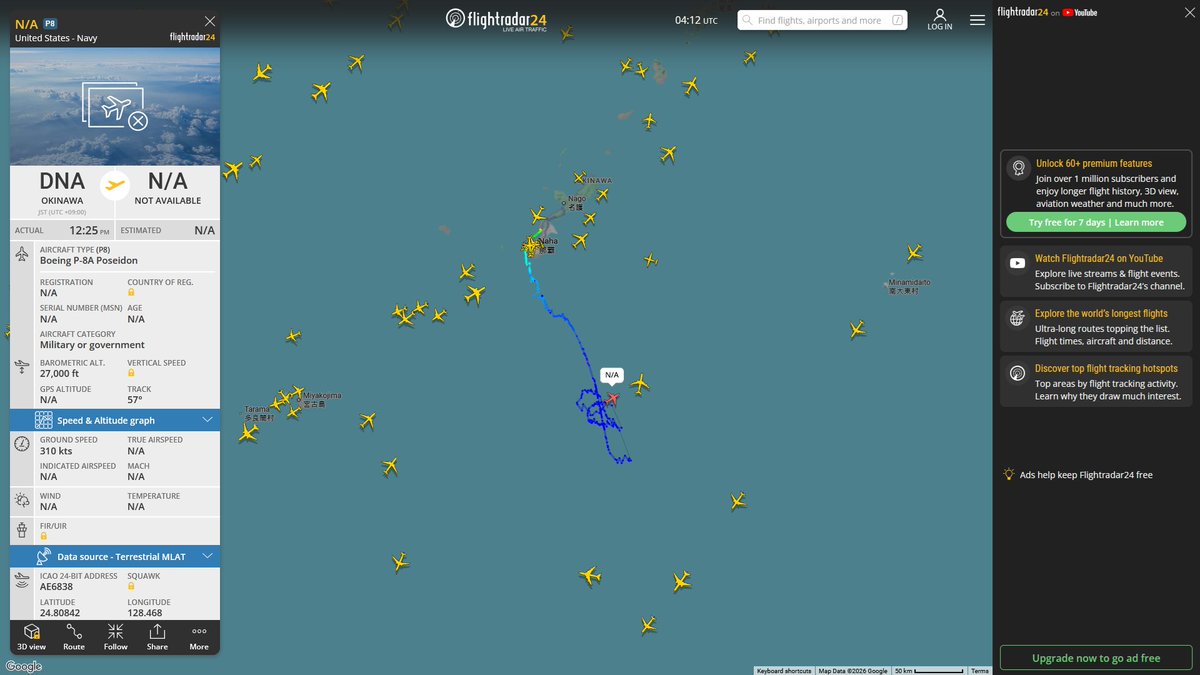 AIYeyENGDdJkjTr's tweet photo. June 16, 2026
#Okinawa Kadena Air Base ==> #Philippine Sea

#NoCALLSIGN #AE6838 USN P-8A Poseidon

#NoCALLSIGN #AE047E USAF KC-135R Stratotanker https://t.co/vTwxsNQp3V