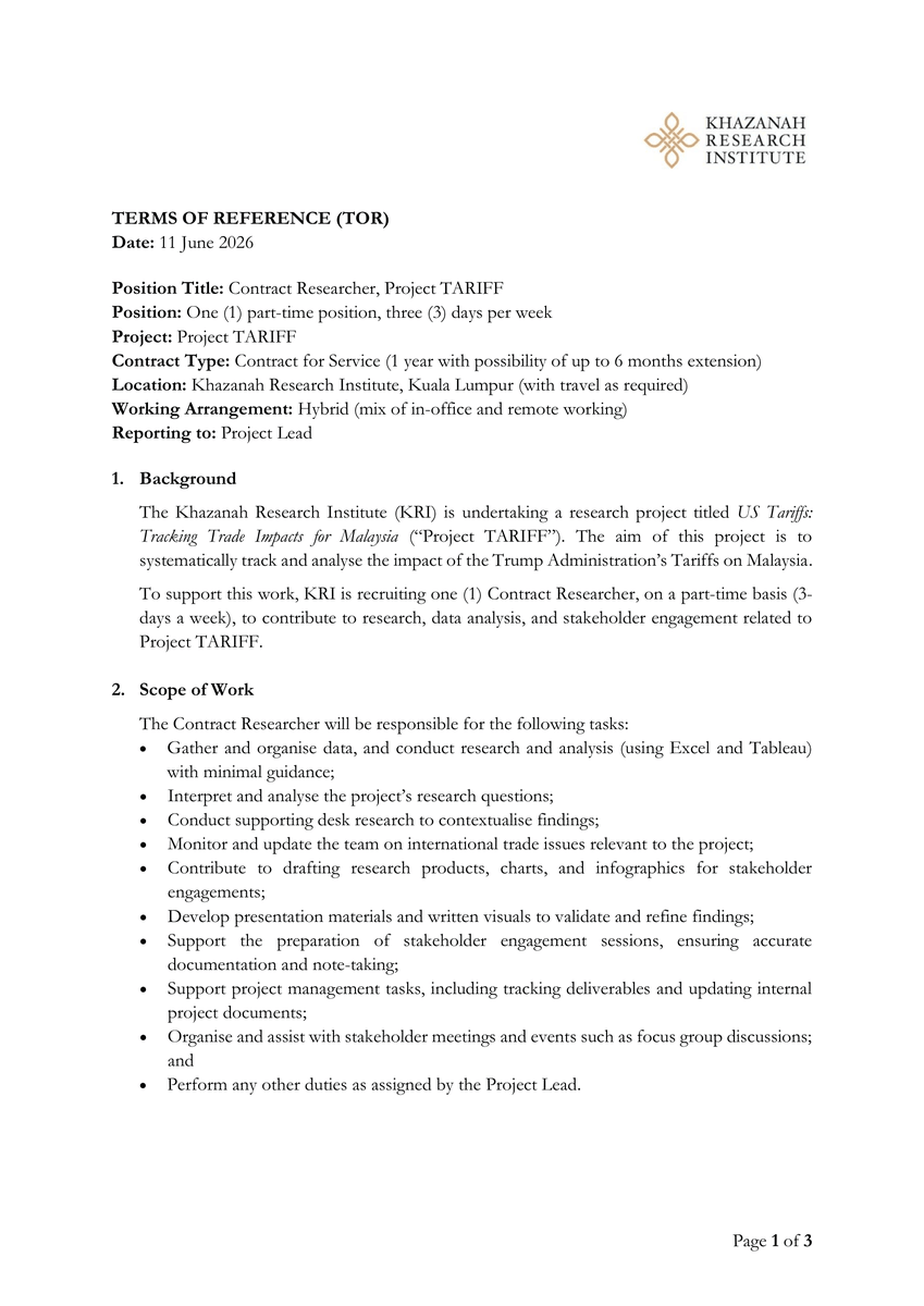 KRInstitute's tweet photo. Are you passionate about trade policy, economics, and policy-relevant research?

Khazanah Research Institute (KRI) is seeking a Contract Researcher to support Project TARIFF, a research initiative examining the impact of U.S. tariffs on Malaysia. This part-time role offers the opportunity to contribute to data analysis, research, stakeholder engagement, and the development of research outputs that inform public policy discussions.

Further details on the role, requirements, and application process are available in the post below.

📩 To apply, please submit your CV, cover letter, academic transcripts, and 2 writing samples from previous projects/work to jan.ayub@krinstitute.org with the subject line: Application for Contract Researcher – TARIFF: [Your Name].

We encourage interested candidates to apply and wish all applicants the very best.