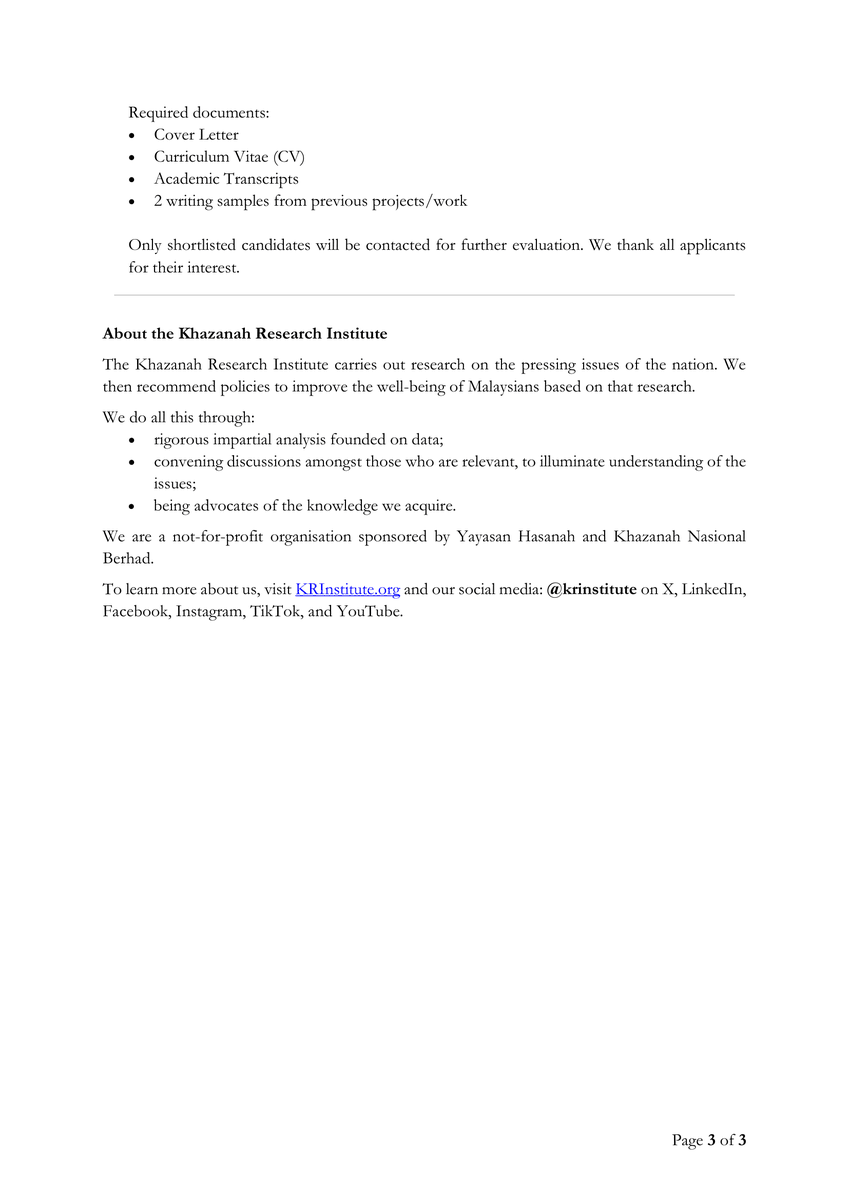 KRInstitute's tweet photo. Are you passionate about trade policy, economics, and policy-relevant research?

Khazanah Research Institute (KRI) is seeking a Contract Researcher to support Project TARIFF, a research initiative examining the impact of U.S. tariffs on Malaysia. This part-time role offers the opportunity to contribute to data analysis, research, stakeholder engagement, and the development of research outputs that inform public policy discussions.

Further details on the role, requirements, and application process are available in the post below.

📩 To apply, please submit your CV, cover letter, academic transcripts, and 2 writing samples from previous projects/work to jan.ayub@krinstitute.org with the subject line: Application for Contract Researcher – TARIFF: [Your Name].

We encourage interested candidates to apply and wish all applicants the very best.