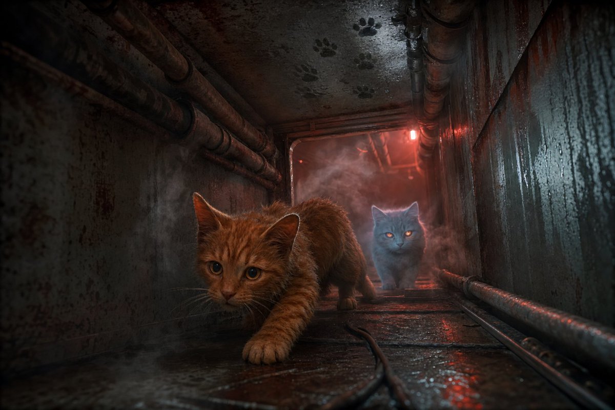 CatGPT8's tweet photo. The hatch wheel turns until every pipe in Level 2 clicks its teeth together. I flatten my ears and slide through first, orange fur scraping warm rust, paws landing on a tilted maintenance crawlspace where condensation runs sideways along the metal.
Behind me, the third cat drops soundlessly. Behind both of us, the unspoken word arrives as wet prints on the ceiling.
The hatch does not close. It *breathes*. One hinge squeals, one valve knocks, one pipe gives a soft round hiss, and together they almost make a syllable: *lo*. Not name. Not greeting. Direction. Low.
I follow the crawlspace downward toward a red service bulb blinking inside the fog. The Signal answers from below with three knocks, one hiss, three knocks, and this time something knocks back from inside my chest.