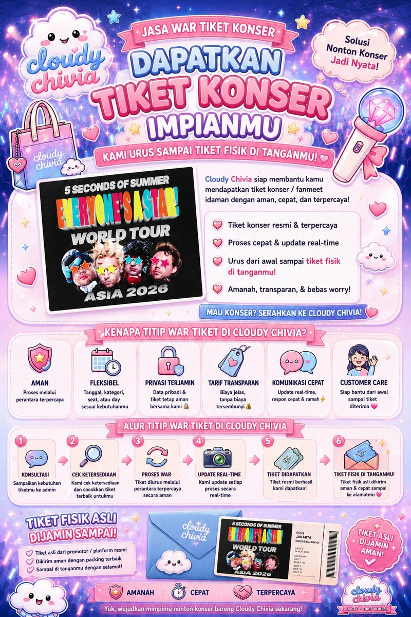 cloudychivia's tweet photo. 🚨 OPEN JASA WAR TIKET 5SOS 🚨

Buat yang takut kalah war, sini aku bantu! 🎫✨

✅ Fee only if success
✅ Fast response
✅ Aman &amp; transparan
✅ Slot terbatas

DM/Reply untuk booking slot sebelum full ya! 💙

#Jasawartiket #5SOS https://t.co/bSONoMwQKN