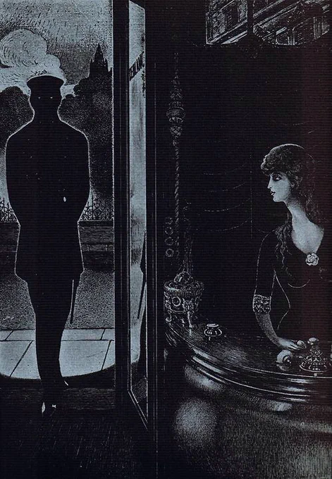 Alberto Martini アルバート マルティーニ(1876-1954)イタリアのミラノの画家。叙事詩的な作品からグロテスクでマカーブル(怪奇)な作品まで幅広い作風で有名です。象徴主義的要素が強く、エドガー・アラン・ポーなどの文学作品の挿絵を手掛けていました。