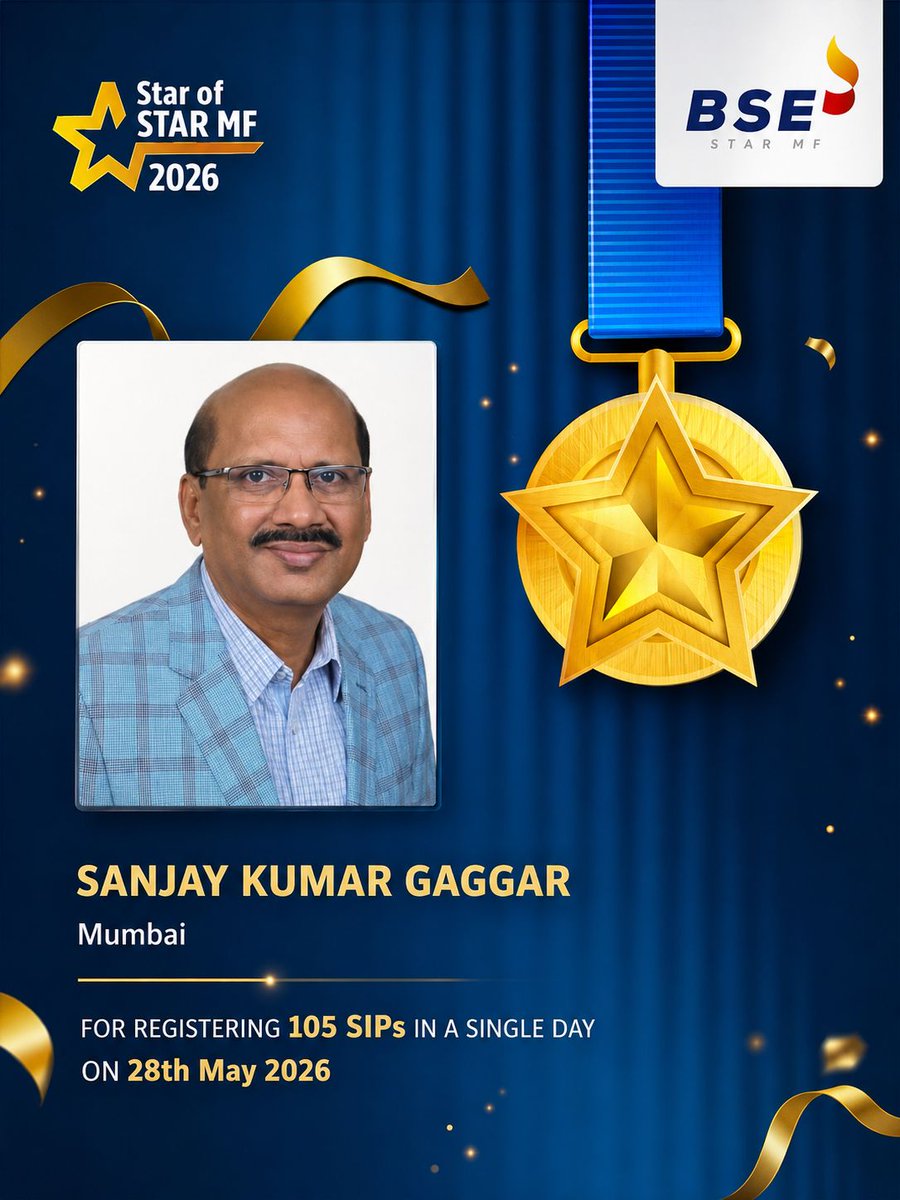 BSEStARMF's tweet photo. Kudos to our MFD Shri Sanjay Kumar Gaggar from Maharashtra  for 5th successful SIP drive of FY 26-27 and registering 105 SIPs in a day. #SIPchampion @BSEIndia @ADS0210 @NationalBulls @JKetan5 @kalyanbose4u  @santoshG1207 https://t.co/eS07rG7SCP