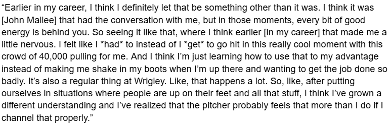 TonyAndracki23's tweet photo. Cubs' Pete Crow-Armstrong was asked about how he processes moments like tonight at Wrigley - 38,000 fans chanting his name, getting picked off and having a big AB late.

What follows is one of the coolest answers I've heard from a pro athlete - on pressure and the mental game: https://t.co/hlX2Au8D5O