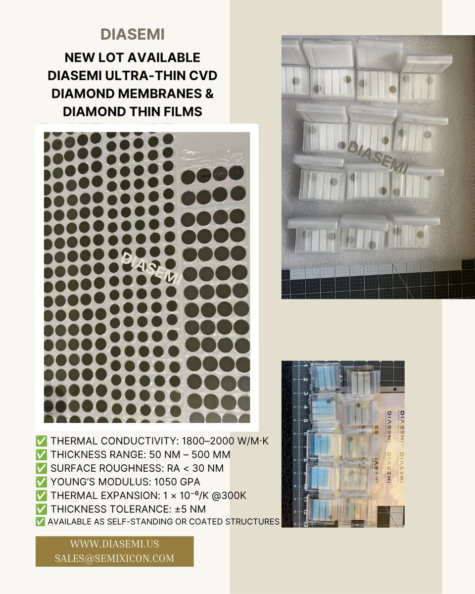 DiamondSemi's tweet photo. New Lot Available-DIASEMI Ultra-Thin CVD Diamond Membranes & Diamond Thin Films
https://t.co/uA2KnswaVF
sales@semixicon.com
#DiamondMembrane #DiamondThinFilm #CVDDiamond #MPCVDDiamond #RFDevices #MicrowaveElectronics #GaN #SiC #PowerElectronics #ThermalManagement #HeatSpreader https://t.co/8ytCrA5NIK