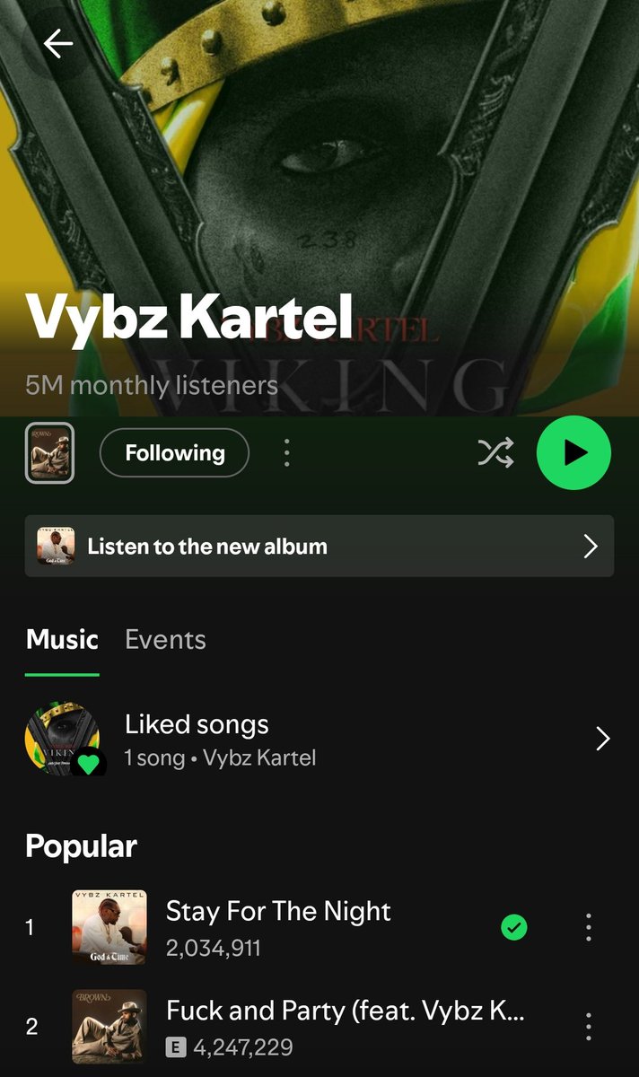 blackebony28's tweet photo. Stay For The Night is now Vybz Kartel no #1 most popular song on Spotify https://t.co/k7VDf0rqwB
