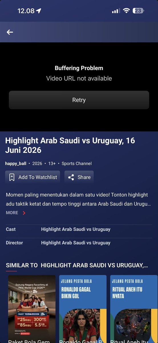 hafifullah's tweet photo. Udah langganan Maxstream buat piala dunia, 3 hari awal aman. Semalam sampai hari ini udah error, kenapa @Telkomsel ??
Tolong tanggung jawab. Giliran telat bayar tagihan lgsg diblokir. Saya mau nonton piala dunia jd ga bisa? Kompensasi dan tanggung jawab nya mana? Ini contoh SS https://t.co/PW7W3s2ZnE