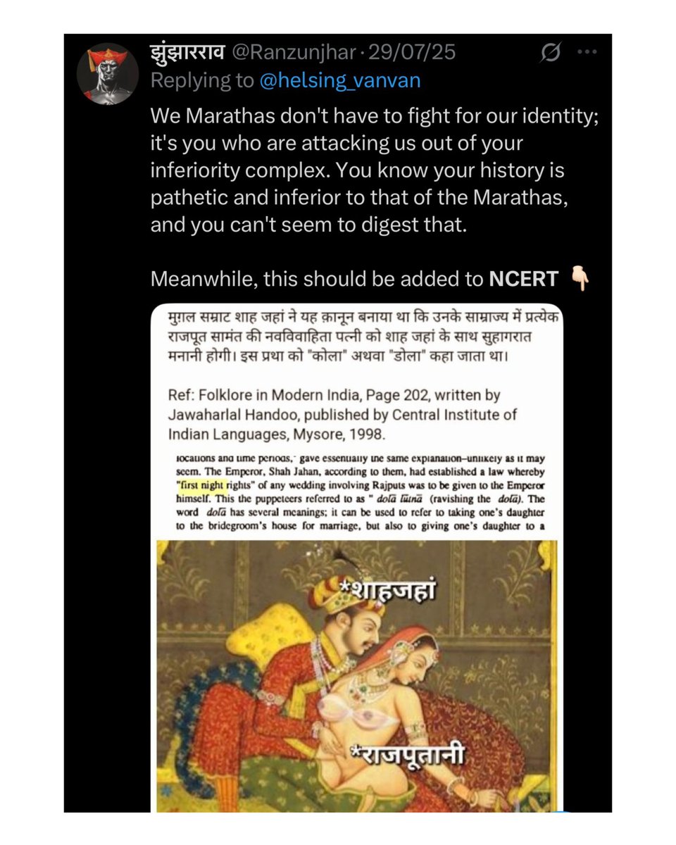 Syngh_Unleashed's tweet photo. Yeah, he’s a Rajput. That’s why he has enough shame to realise his mistake and publicly apologise for it. Meanwhile, let me show everyone how much respect filthy animals like you have for women.

Thread on Marathas &amp; their respect for women. I’ll keep adding to it :

[ 1/n 🪡🧵 ] https://t.co/n2xtesDm7L