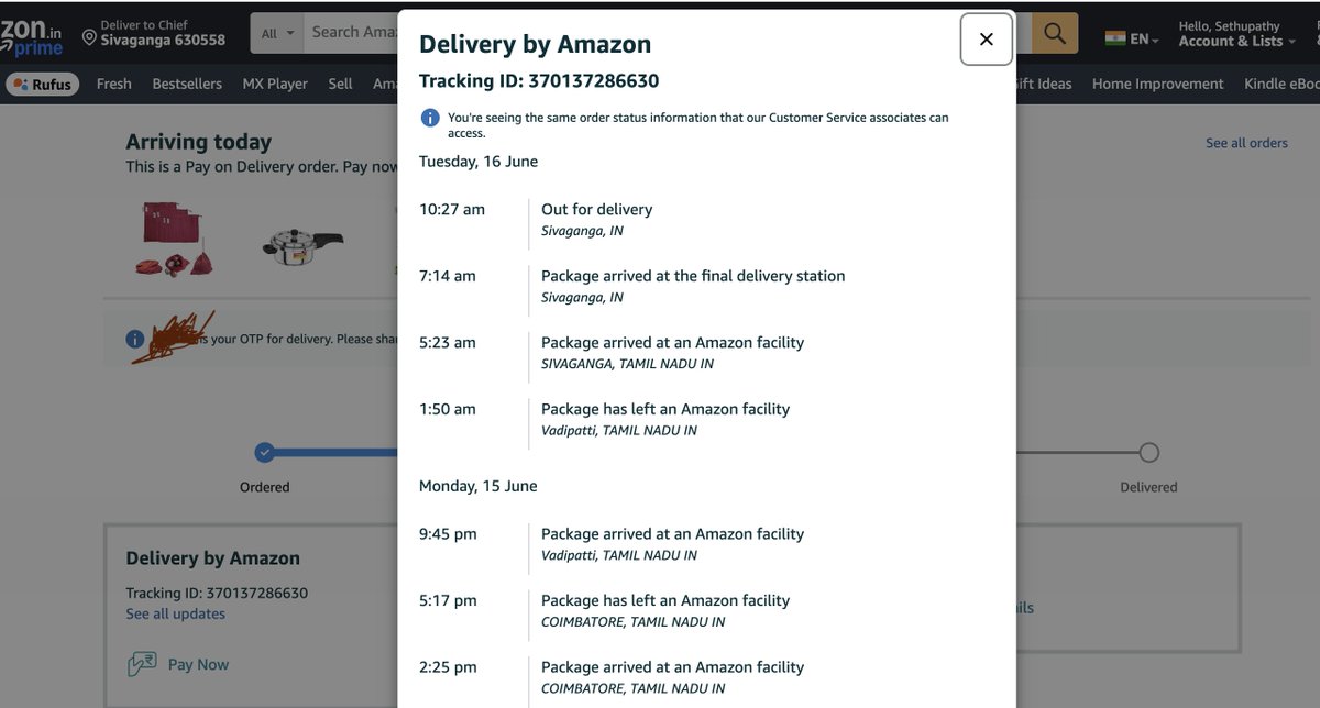 SethuConnects's tweet photo. @amazonIN @amazon 
The Orders to my native village - #Sivagangai has been constantly cancelled / delayed by the delivery agent citing that they couldn't travel inside the villages. Ordered one to check once again & it's out for delivery now. Hope #Amazon delivers & don't cancel. Let's see !!!
Will reply to this thread incase of any issues.

FYI - Person available at home to collect & My mobile number is reachable. So they can't come up with any lame excuses.