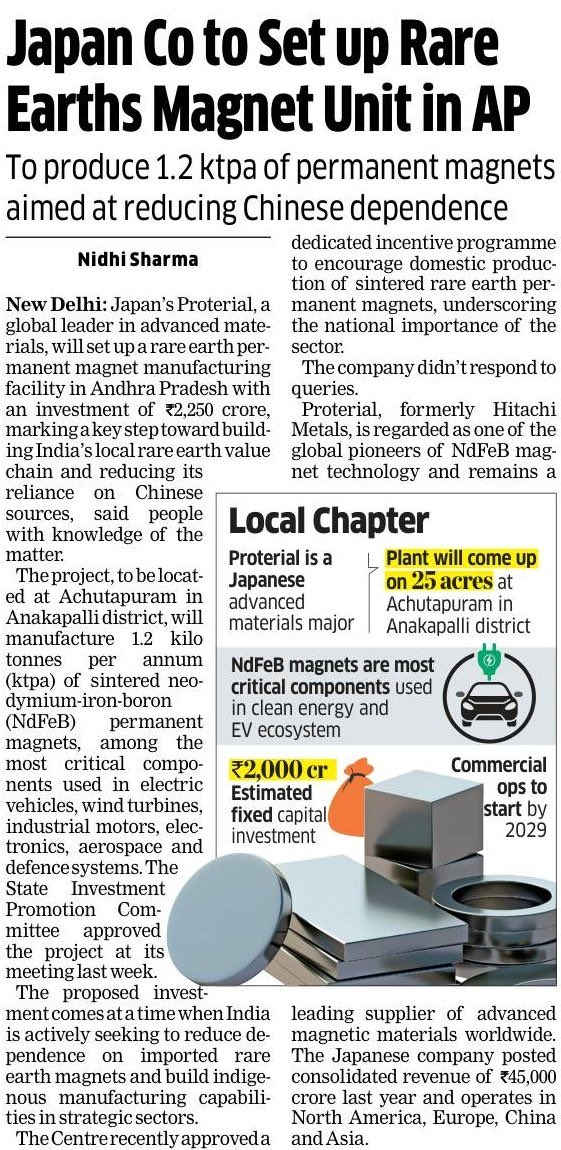 VKsaysso's tweet photo. Big manufacturing story: From mining rare earths to making magnets - India’s strategy is moving up the value chain. Japan’s materials giant @indiaproterial is set to establish a ₹2,250 crore NdFeB permanent magnet plant in Andhra Pradesh, producing one of the most critical components for EVs, wind turbines and advanced manufacturing. Read exclusively in @EconomicTimes 
Content credits - @nidhi_sharma