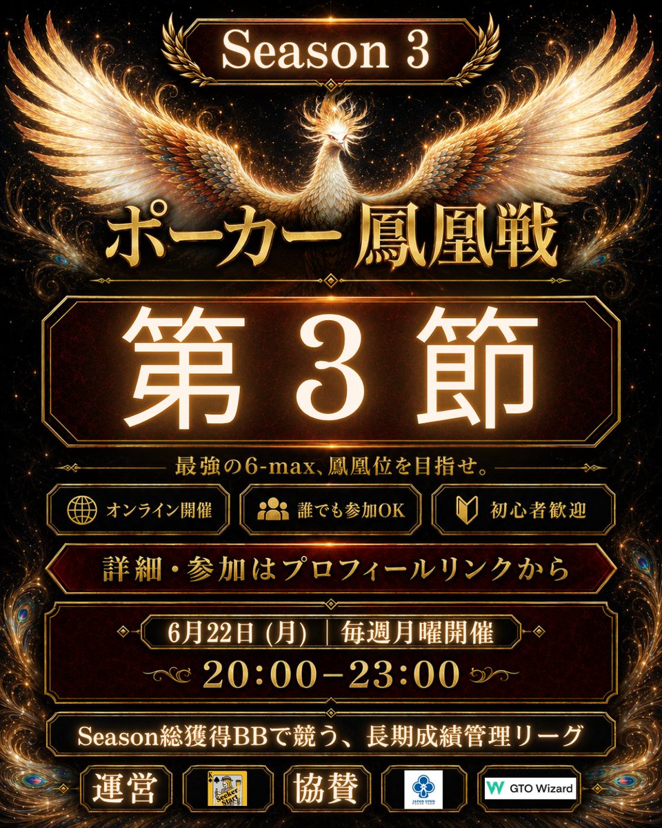 seekerstart's tweet photo. 【鳳凰戦Season3 第2節 結果発表】

2回の開催が終了して、top 10が出揃いました。
まだまだ、強い人を募集しております。

我こそはポーカー最強であると思う
そこのあなたの挑戦をお待ちしております。

次回は、6月22日(月) 20:00-23:00

#ポーカー鳳凰戦 https://t.co/vkQ416JPlA