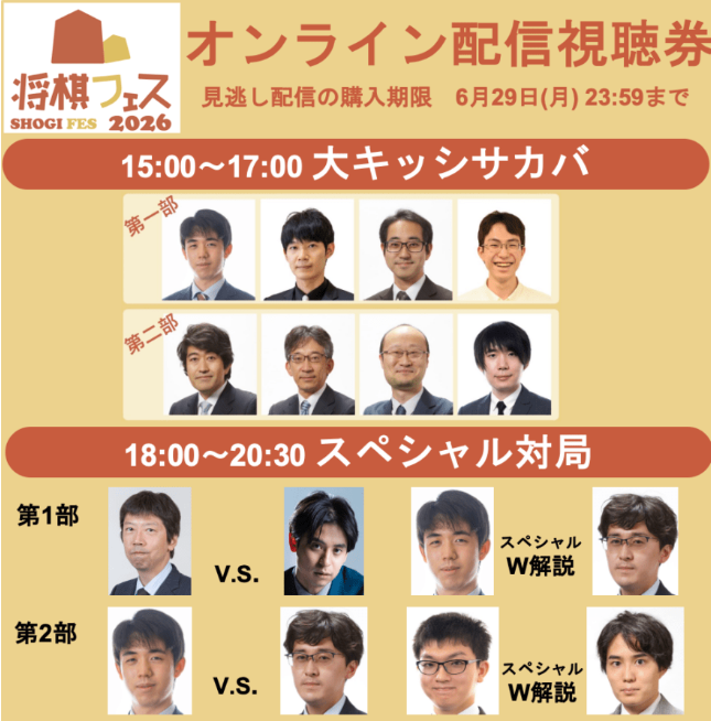 shogi_jsa's tweet photo. 【将棋フェス2026見逃し配信・強化週間】
毎日30秒程度の切り抜き動画を投稿します。
             
オンライン配信ってどんなのかな？
買おうかな、どうしようかな、と悩んでいる愛棋家の皆様。
貴方の背中をそっとひと押しいたします。
                                                                                                                                                                                                                                                                                                                                                          
～配信内容～

ーーーーーーーーーーーーーー
大キッシサカバ◆第一部◆ 0:16:16~
【詰将棋の美学を語る会】

藤井聡太竜王・名人、斎藤慎太郎八段
及川拓馬七段、岩村凛太朗四段
ーーーーーーーーーーーーーー
大キッシサカバ◆第二部◆ 1:16:28~
【トップ棋士世代間クロストーク】

森内俊之九段×渡辺明九段
佐藤康光九段×佐藤天彦九段
ーーーーーーーーーーーーーー
スペシャル対局◆第一部◆ 3:14:50~

杉本昌隆八段－斎藤明日斗四段戦
Ｗ解説:藤井竜王・名人×伊藤二冠
ーーーーーーーーーーーーーー
スペシャル対局◆第二部◆ 4:34:48~

藤井竜王・名人－伊藤二冠戦
Ｗ解説:永瀬拓矢九段×佐々木勇気八段
ーーーーーーーーーーーーーー

【配信注意事項】

・見逃し配信の販売期間は6/29(月)まで、視聴期限は6/30(火)までとなります。
・販売価格は税込み￥4000-
・支払い方法はクレジットカード、キャリア決済（d払い / au PAY）、Amazon Pay。
・配信はご購入後すぐには見ることができません。ご購入された日の翌日12:00頃に送付される詳細案内のメールをご確認ください。
・見逃し配信の各チャプター開始時間を↑に記載していますので、参考にしていただければ幸いです。
