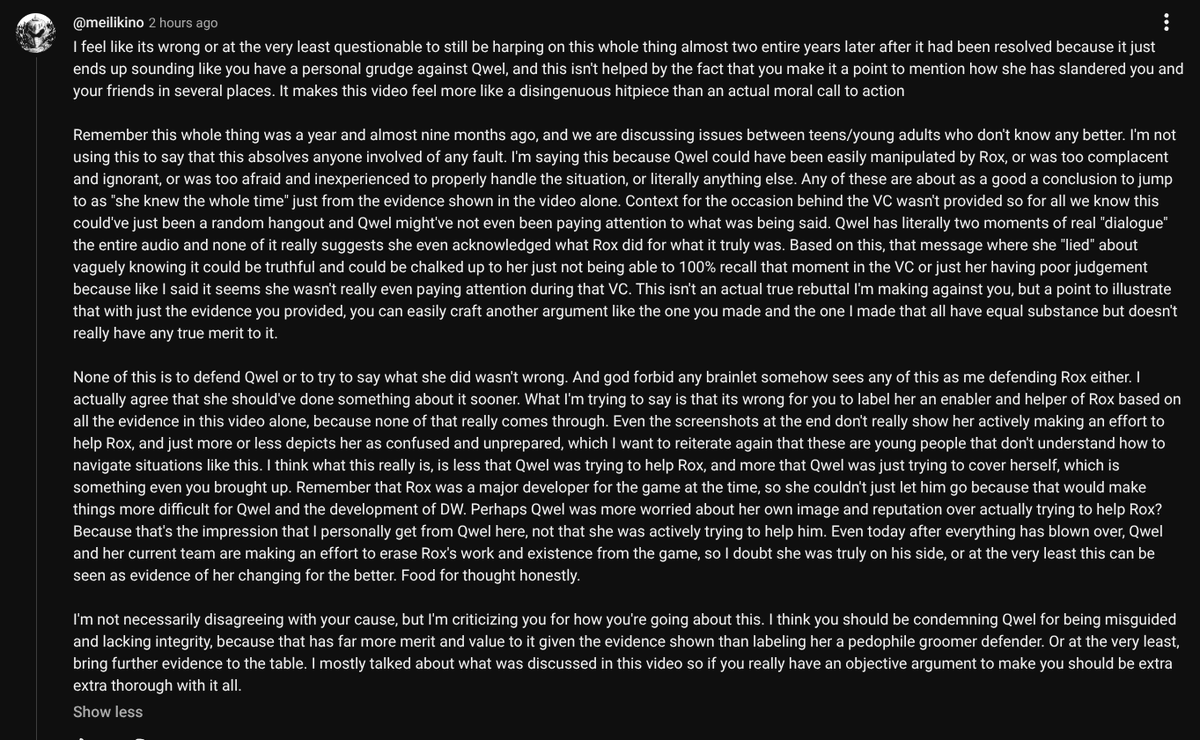 ballooeyy's tweet photo. // I'm gonna have to break my 'no commenting on drama' rule for this account just this once because I really want you all to see this comment from below the video and just let me know what it makes y'all think

I know its a very long comment but I genuinely implore you to read it https://t.co/eXuN6pVaON