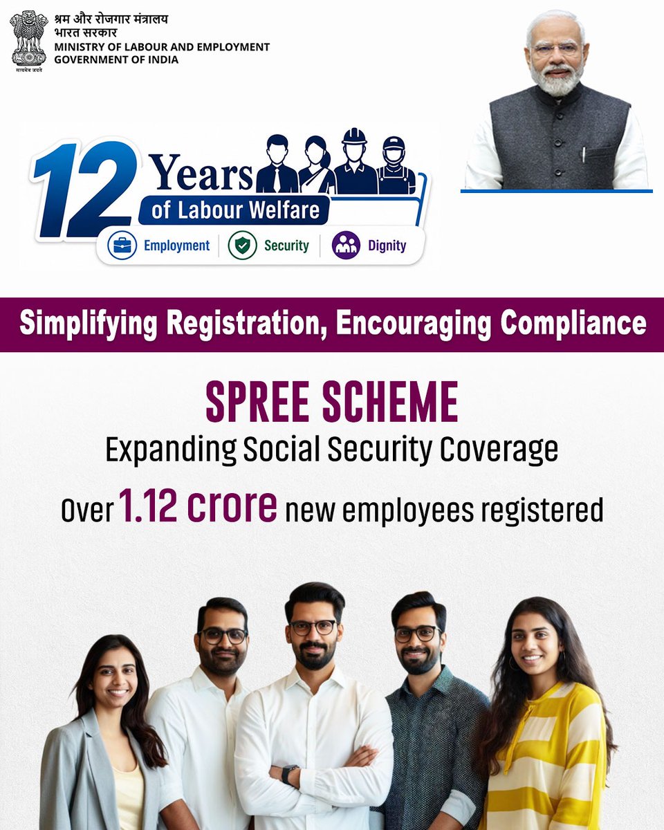 officialepfo's tweet photo. Strengthening social security through greater inclusion.

By encouraging registration and expanding coverage, the SPREE Scheme has helped connect more workers with the benefits and protections of the ESI framework.

#12YearsofLabourWelfare https://t.co/3FfFVKbzUN