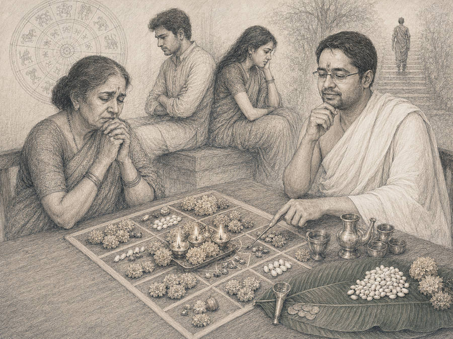 Balaganpathi's tweet photo. When Prashna Warns of Divorce and People Still Ignore Remedies

A real Prashna marriage case from 2013 shows how ignored Sarpa, Pitru and Shrapa remedies later resulted in severe marital trouble, separation talks and blame after thirteen years.

In 2013, a lady came to me for Prashna and couple analysis. The matter was regarding her son and the girl who was to become his wife. The family wanted to know whether the match was suitable and what kind of married life the couple would have.

The analysis was not favourable. It was not a simple case of ordinary adjustment problems between husband and wife. The Prashna and couple reading showed deeper troubles and dur yoga on both sides. There were indications of Sarpa-related trouble, Pitru-related trouble and Shrapa connected with servants or people who had served the family. These were not small matters to be taken lightly.

In the written report, I clearly mentioned that the couple would face repeated disturbances in married life. I also wrote that the marriage carried a strong possibility of separation and divorce if proper remedies were not done. The warning was not spoken casually and forgotten. It was given in writing.
But nothing was followed.

No proper parihara was done. No serious remedial discipline was maintained. No sincere effort was made to correct the karmic trouble shown in the analysis. The family went ahead with the marriage, kept the report aside, and behaved as though the warning had no value.

Now, in 2026, after thirteen years, the mother contacted me again. The couple are now facing serious marital issues and they wish to separate. The same marriage that was warned about in 2013 has reached the stage that was clearly shown in the written document.
At first, she spoke to me in a blaming tone. She tried to suggest that I had done the matching wrongly. This is a very common habit among people. They consult a Daivagya, receive a warning, ignore the remedy, allow the problem to grow for years, and when the result finally comes, they try to blame the person who warned them.
Fortunately, the report was still available. When I showed her the old written document, where it was clearly mentioned that the couple would suffer in married life and that divorce was indicated, her tone changed. The document was clear. The warning was clear. The fault was not in the analysis. The fault was in ignoring it.

The most resentful part was not even her first reaction. The most resentful part was her question after seeing the old report. She asked whether the remedies could be done now, because they had not followed anything earlier.

This kind of careless and dishonest attitude cannot be accepted. What is the use of going to a Daivagya if there is no intention to follow the guidance? What is the use of asking for Prashna if the answer will be kept aside? What is the use of asking for remedies if they are treated as optional decorations?

A Daivagya is not a magician. Prashna is not a game. Parihara is not something to be remembered only when life has already collapsed.

People want prediction, but not responsibility. They want relief, but not discipline. They want the comfort of being told what is wrong, but they do not want to put effort into correcting it. Then, after many years, they safely forget their own negligence and behave as though they were misled.

This is one of the worst habits seen in consultations. People forget that they were warned. They forget that remedies were prescribed. They forget that they postponed everything. They forget that they did not do what was asked. But when the karmic result appears, they remember only that they had once consulted someone.

Then they ask, “Why did this happen?”

It happened because the warning was ignored. It happened because the remedy was not done. It happened because the karmic trouble was allowed to remain active. It happened because people wanted the benefit of Prashna without accepting the duty that comes with it.

https://t.co/yeyXolnP0n