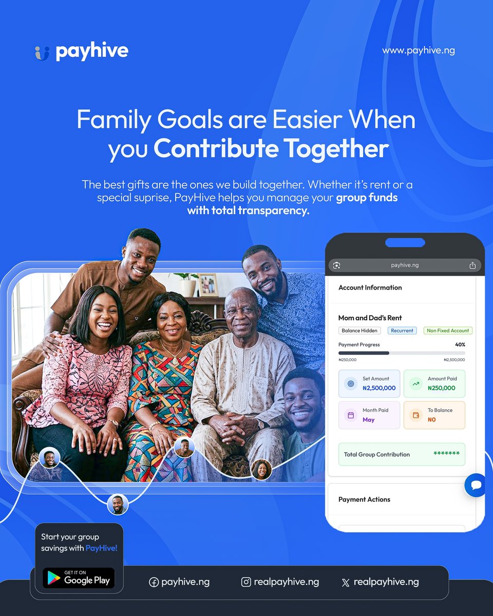 realpayhive's tweet photo. Plan mom and dad’s next rent 
With PayHive Group Savings, families can create shared goals, track contributions, keep members updated, and reach important milestones together.

Because some goals are meant to be achieved as a family 🤝

#PayHive #GroupSavings #CommunityFinance https://t.co/FWhzqXsxdv