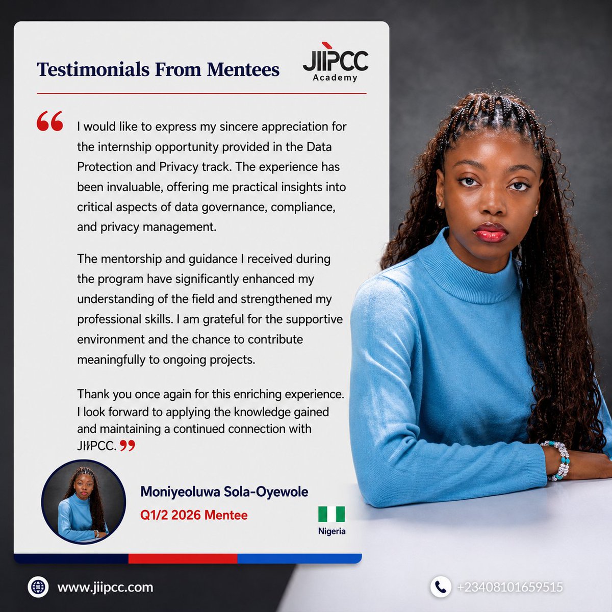 JIIPCC's tweet photo. Our Mentee Testimonial❤️

In the last 5 years, JIIPCC has empowered 2,000+ students and young professionals across 10+ African countries.

Ready to join the 2027 cohort?

🔗 https://t.co/Uwfksh421h

#JIIPCC #JIIPCCMIP https://t.co/1dpQQ7zKhd