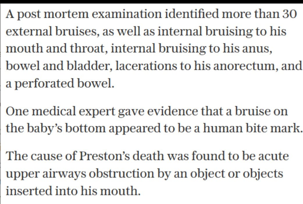 DonnaLouise1212's tweet photo. This innocent 13-month-old baby endured unimaginable suffering at the hands of those who were supposed to protect and love him.

More than 30 external bruises, internal injuries, a human bite mark, lacerations, and a perforated bowel — all leading to his death by airway obstruction from objects forced into his tiny mouth.

No child should ever know such cruelty. Preston deserved safety, warmth, and a loving home. His short life was stolen in the worst way imaginable. May his memory fuel better safeguards for vulnerable children, and may justice bring some measure of peace.

We see you, Preston. You are not forgotten. 🕊️